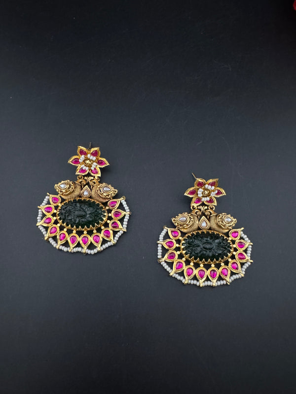 Gold and Green Carved stone, pacchi Kundan, Pearls Chandelier Chandbali Earrings, Bridal Designer jewelry