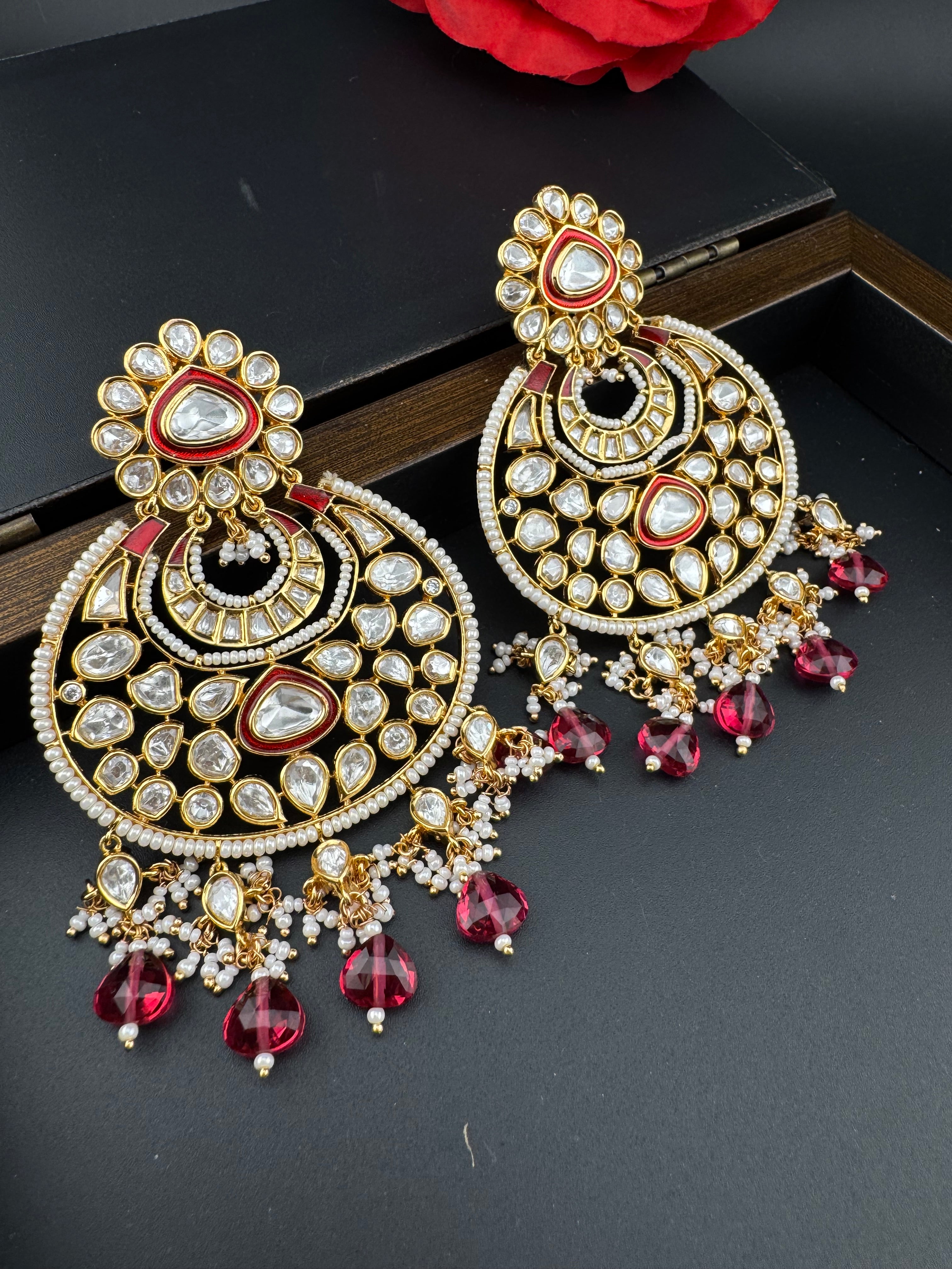 Red and Gold Kundan Chandelier Earrinngs, High shine Bridal Moissanite CZ, Shiney Gold Designer