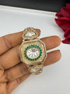 Moissanite Kundan, MOP, CZ Adjustable Bracelet Bangle, Gold Polish (Fits size 2.6")
