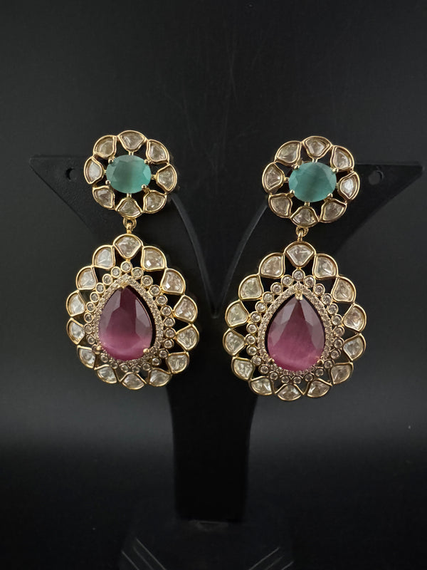 Pink and Green Kundan, CZ, Chandbali Earrings, High shine, Bridal, Moissanite, Tyaani inspired Designer jewelry