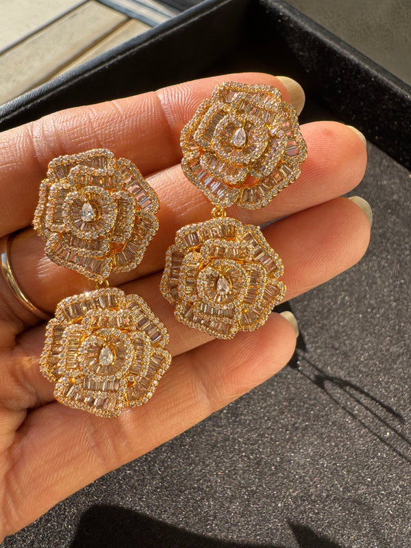 Crystal Stone in Rose Design long Earrings, Cubic Zirconia, AD, CZ, Indian Jewelry