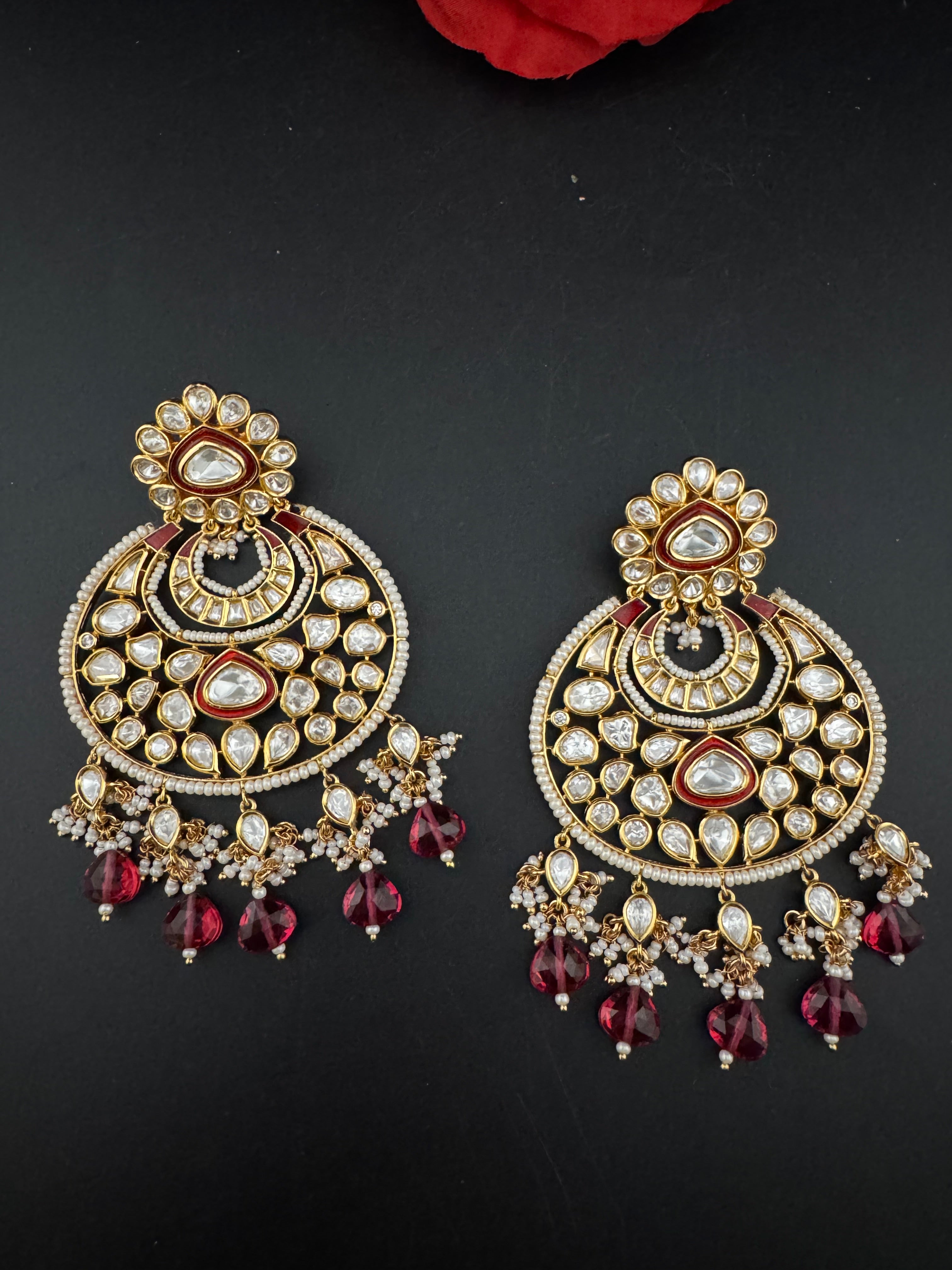 Red and Gold Kundan Chandelier Earrinngs, High shine Bridal Moissanite CZ, Shiney Gold Designer