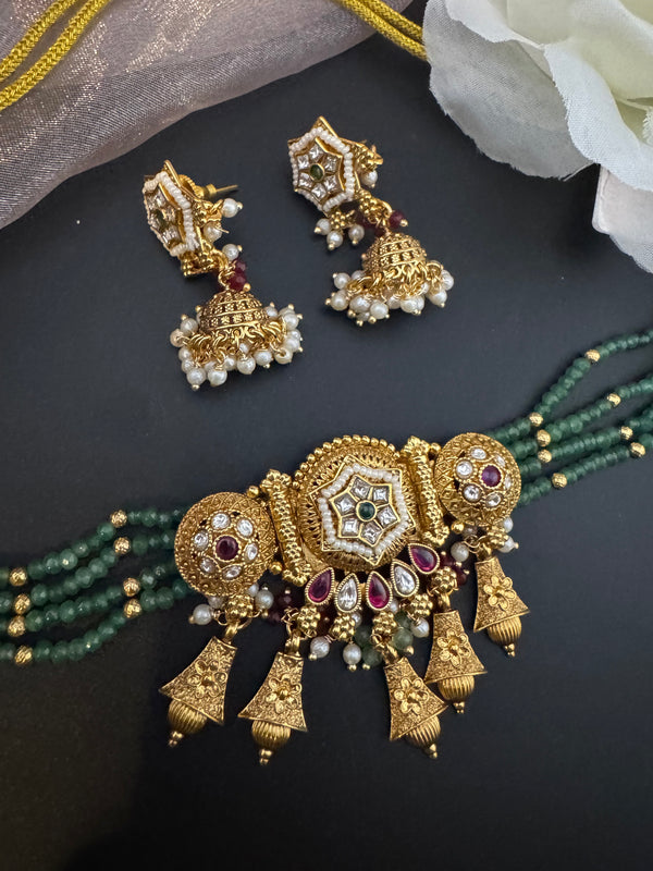 Rajwadi Choker necklace set with jhumka, in kundan, pearls, hydro beads, Indian Bridal Jewelry set