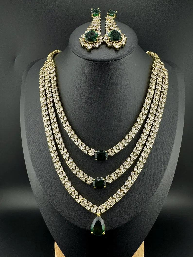 Victorian 3 layer Green Necklace set with long earrings