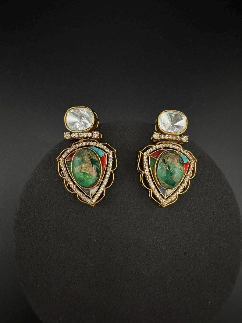 Premium designer stud earrings, with Uncut Kundan, CZ and Doublet Marble stone