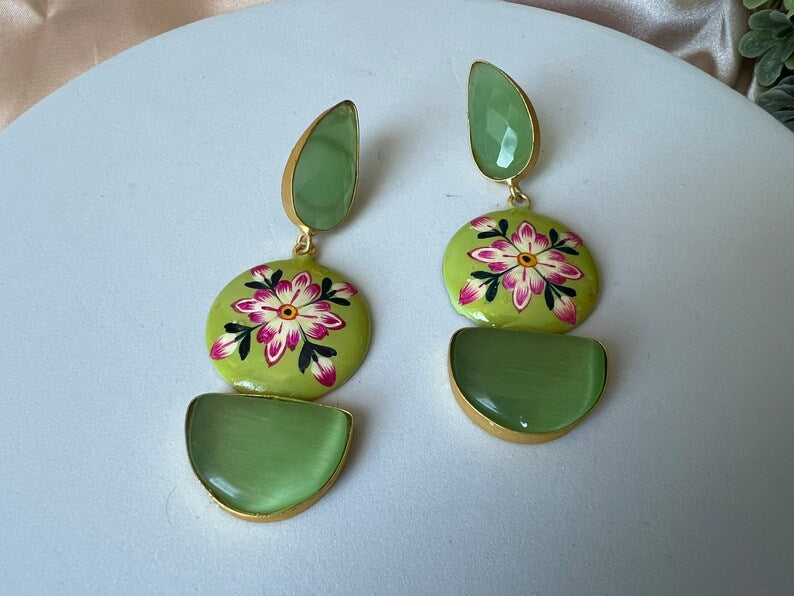 Gold and Light Green earring with Minakari and Monalisa Stone