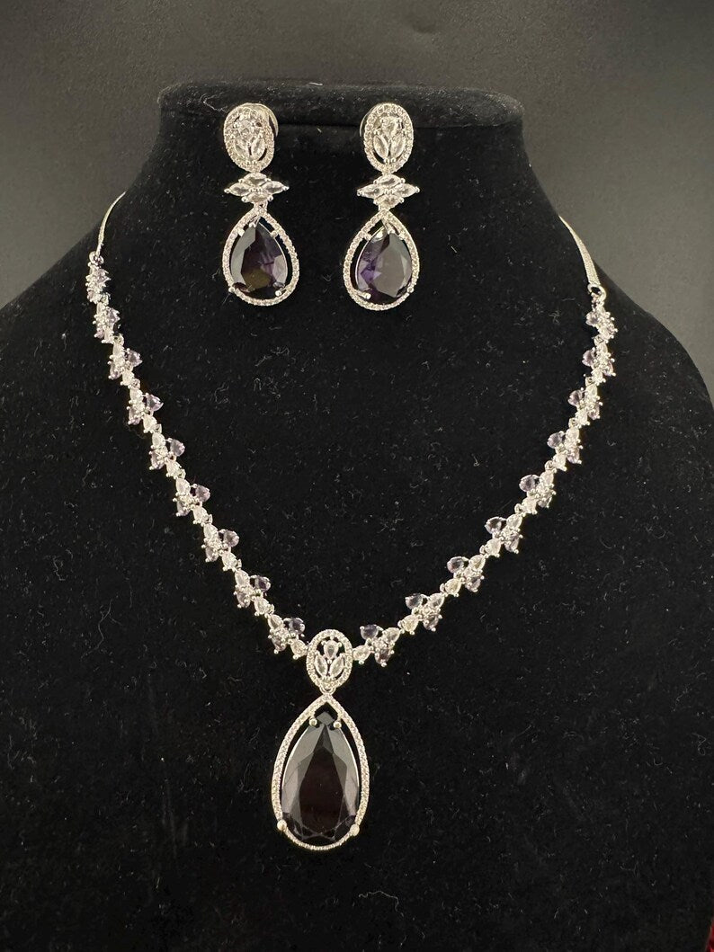 Crystal Stones and American Diamond, Cubic Zirconia Necklace set with earrings