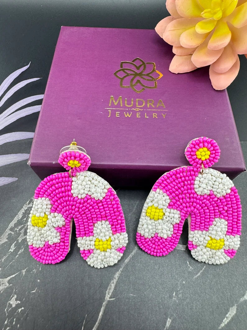 Beaded Hot Pink with flowers Quirky earring, Handmade earring