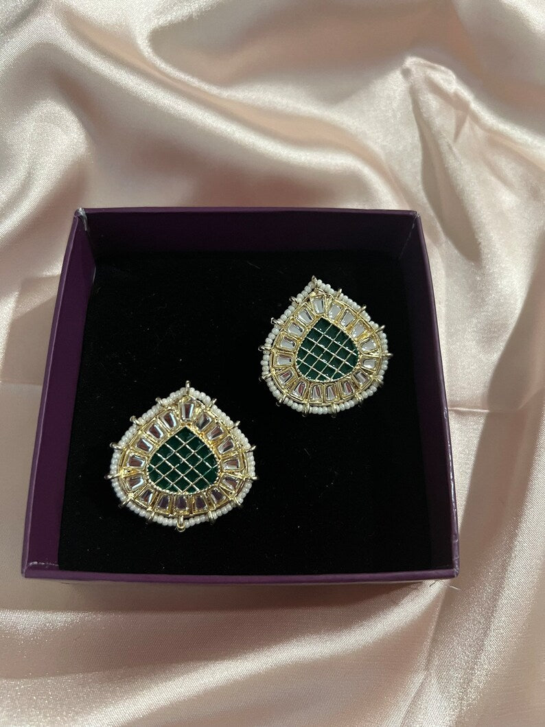 Green Gold Minakari Pearls and kundan Studs earrings