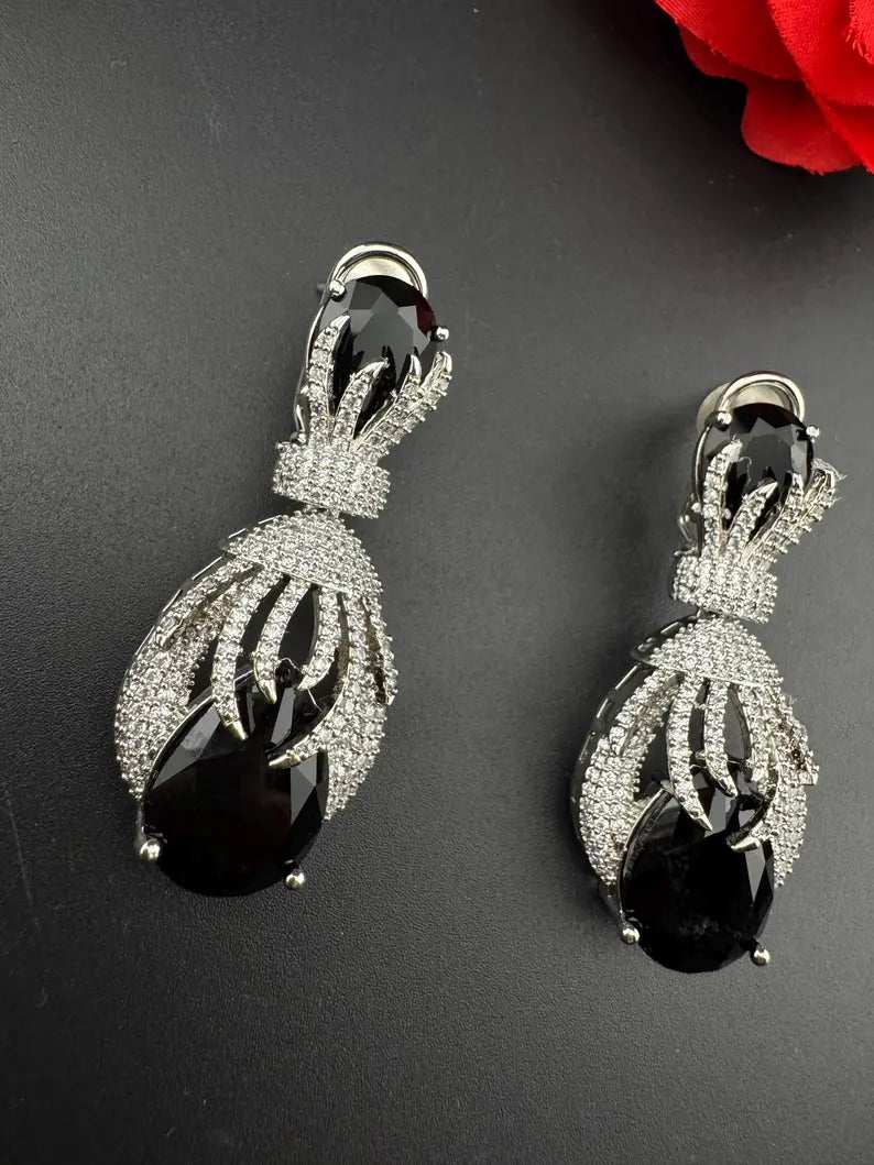 Premium Nano Setting Cubic Zirconia Chandelier earrings with Black Stone