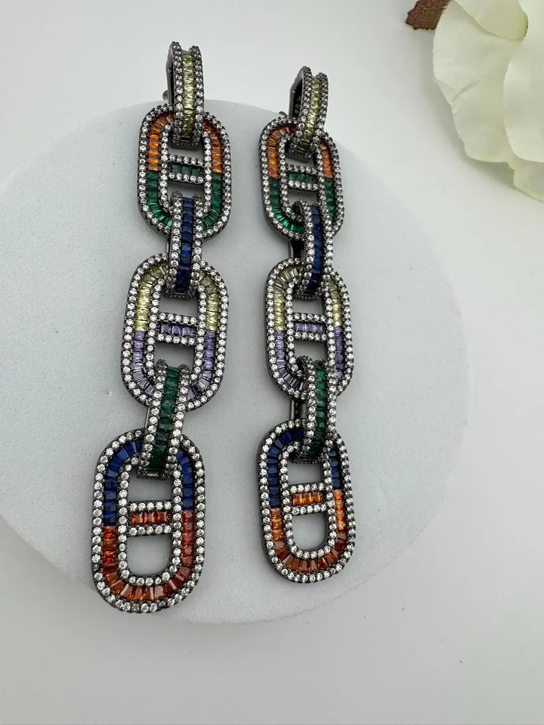 Unique Nano Setting Cubic Zirconia Multicolor Long Earrings