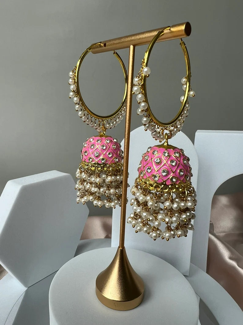 Premium Pink Jhumka Earrings with Minakari, CZ and pearls