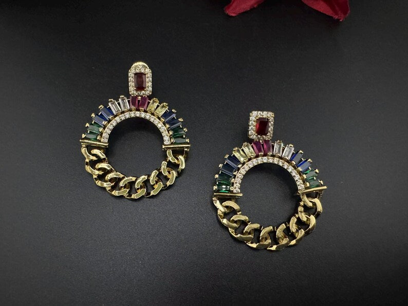 Premium earrings in Gold Chain design, with multicolor glass crystals