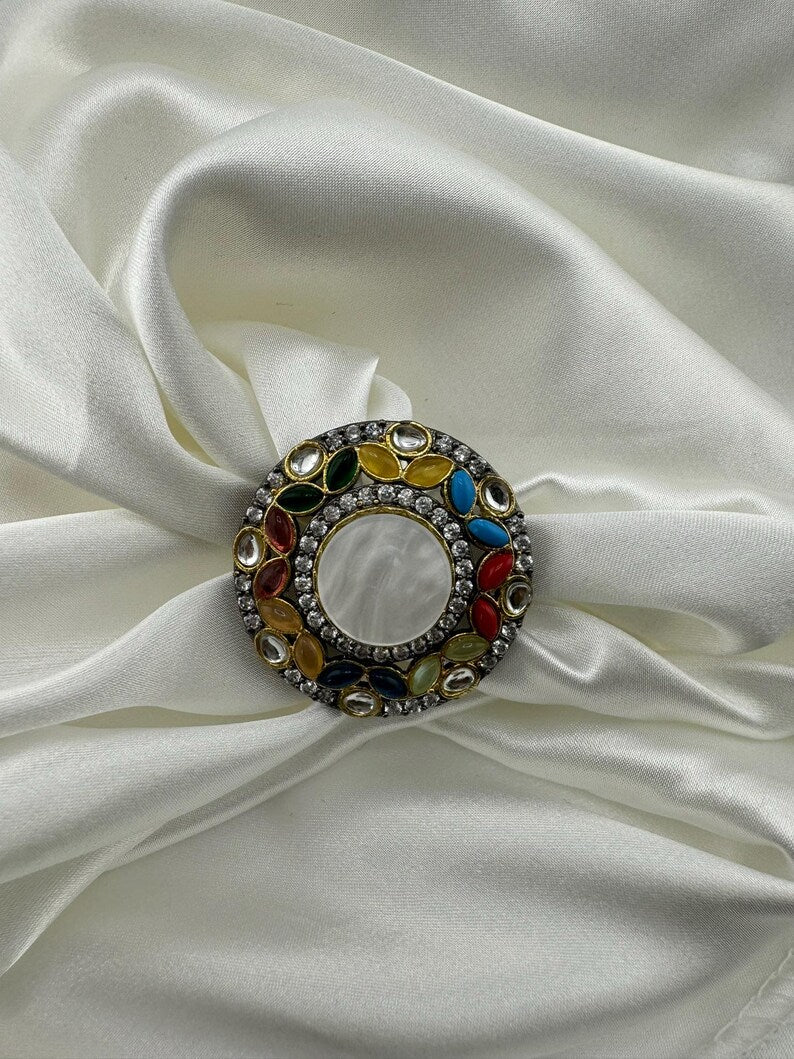 Adjustable Finger Ring with MOP, Multicolor stones, Victorian