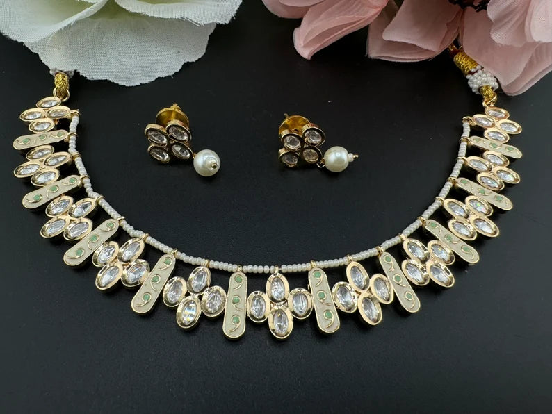Premium Quality Tyaani Kundan, Italian Minakari Necklace with studs earring
