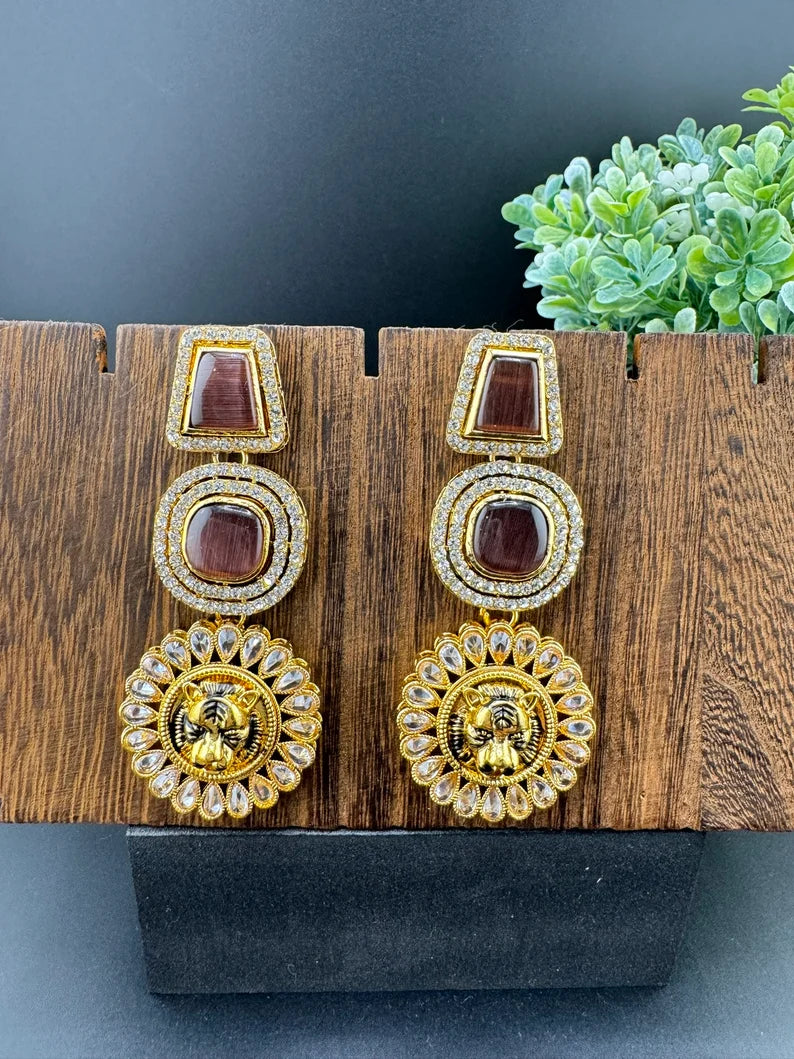 Premium Sabyasachi inspired designer Chand Bali earring Wine Brown color, Long Chandelier earring