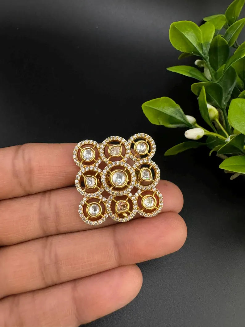 Moissanite Kundan Adjustable Square Finger Ring, Tyaani inspired