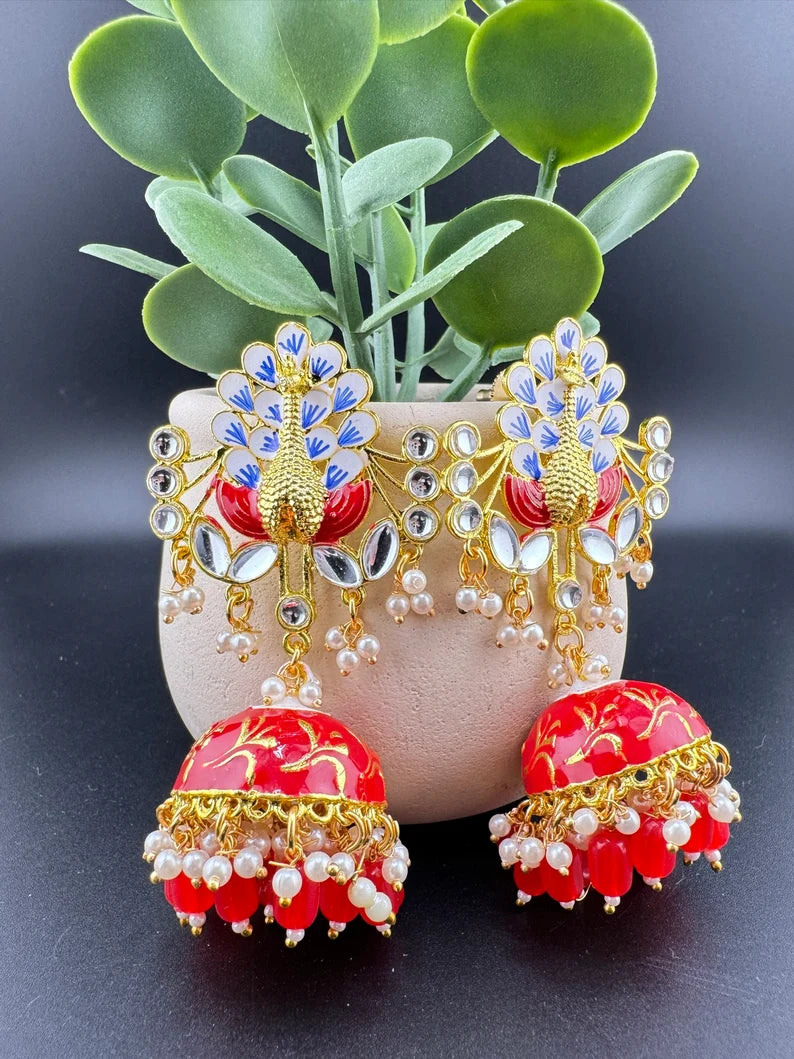 Peacock Jhumka Earrings with Kundan, Minakari, CZ and pearls in Gold Polish
