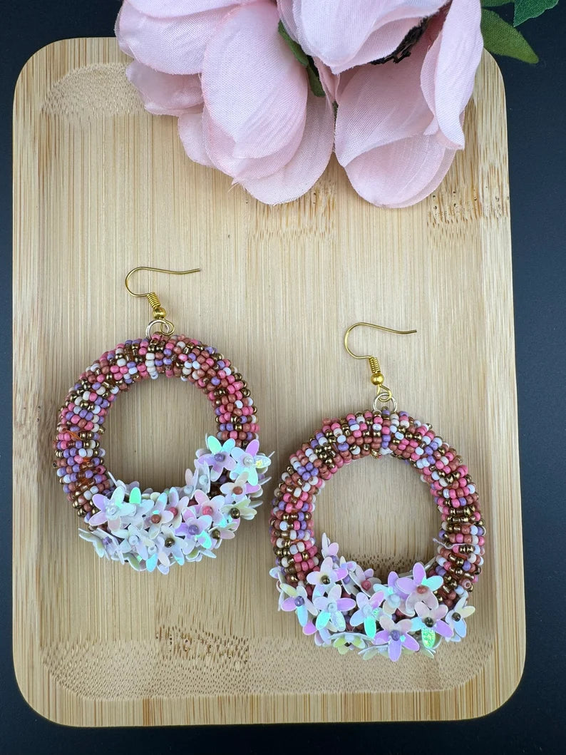 Beaded multicolor flower hoop Quirky earring, Handmade earring