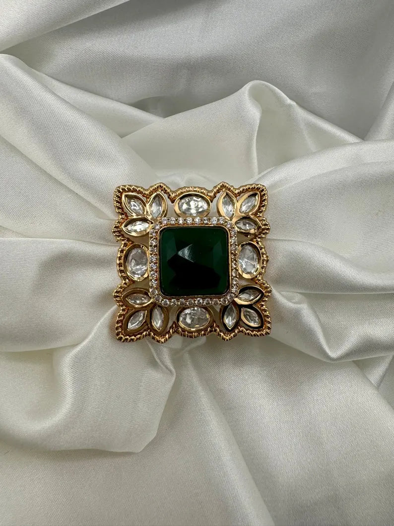 Moissanite Kundan and Green Stone Adjustable Square Finger Ring, Tyaani inspired