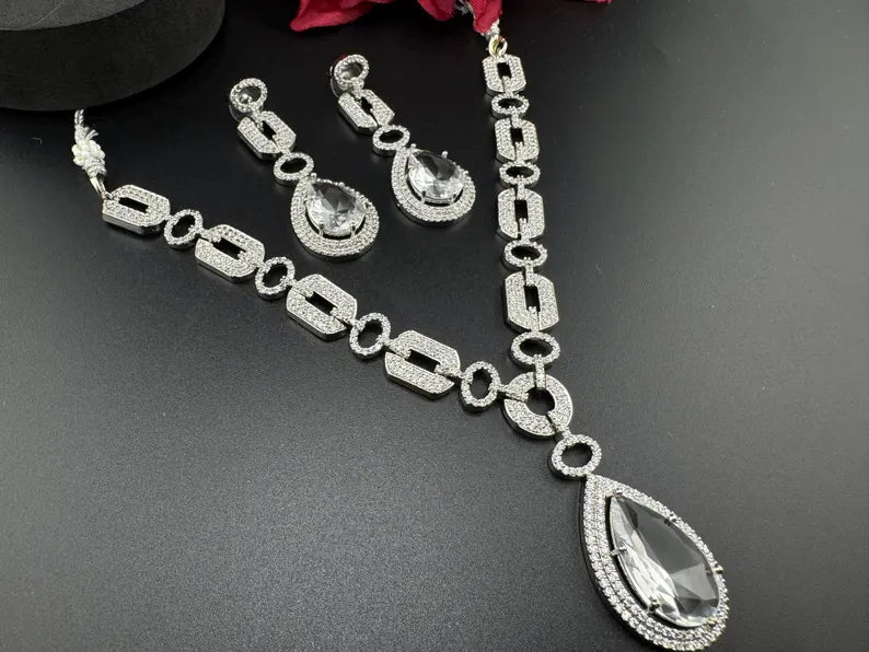 Silver polish American Diamond, Cubic Zirconia Chain style Clear Necklace set