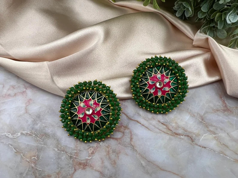 Big Stud Earrings with Green beads and Minakari