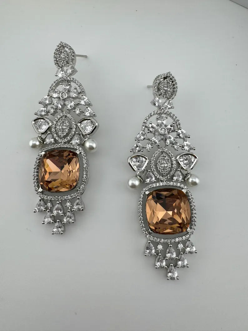 Champagne Cubic Zirconia Chandelier Long earrings with Pearls and Crystals