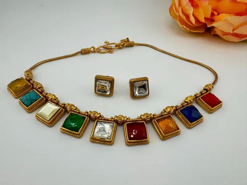 Premium Necklace in Multicolor stone, Kundan in Matt Gold with studs earring