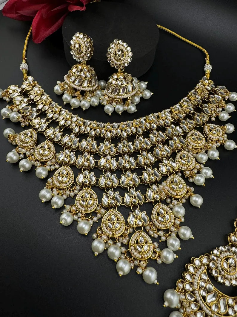 Kundan Heavy Bridal Necklace Set with Jhumka and Tikka
