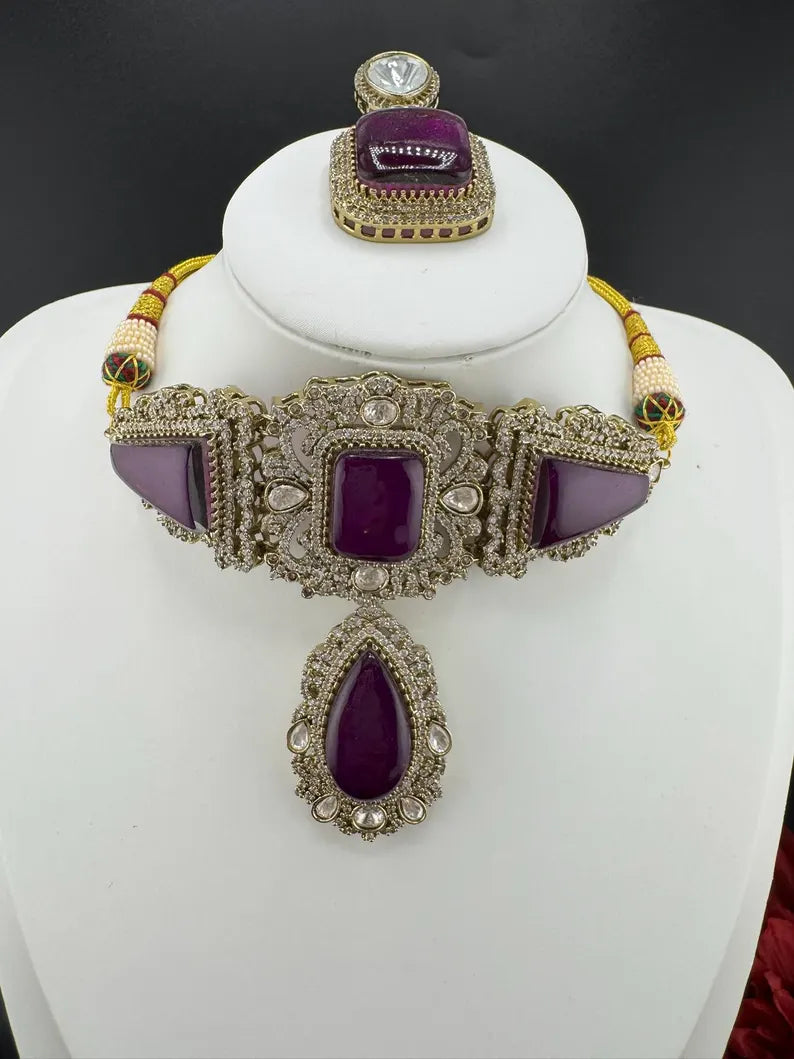 Premium Moissanite Kundan, CZ, Doublet stones Designer Choker necklace