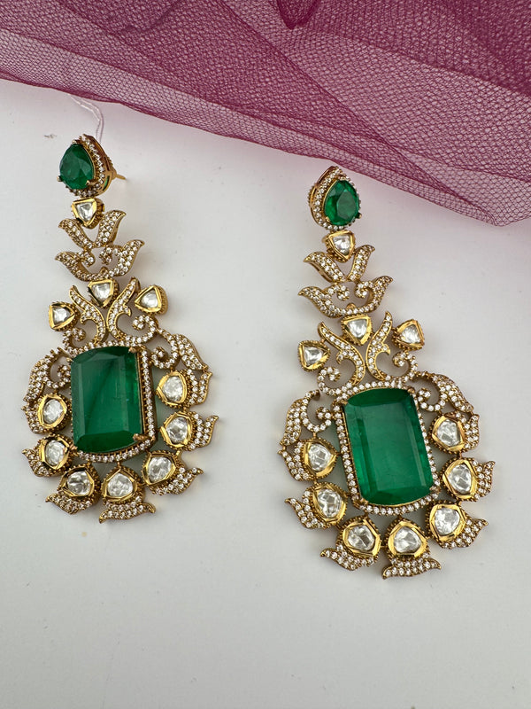 Gold with Emerald green Doublet stone, kundan, cubic zirconia chandbali Drop earrings, Indian Jewelry