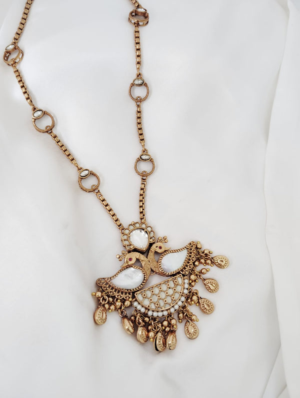 MOP, Enamel, Kundan, Gold long Peacock necklace set, Rani Haar, Indian Bridal Jewelry