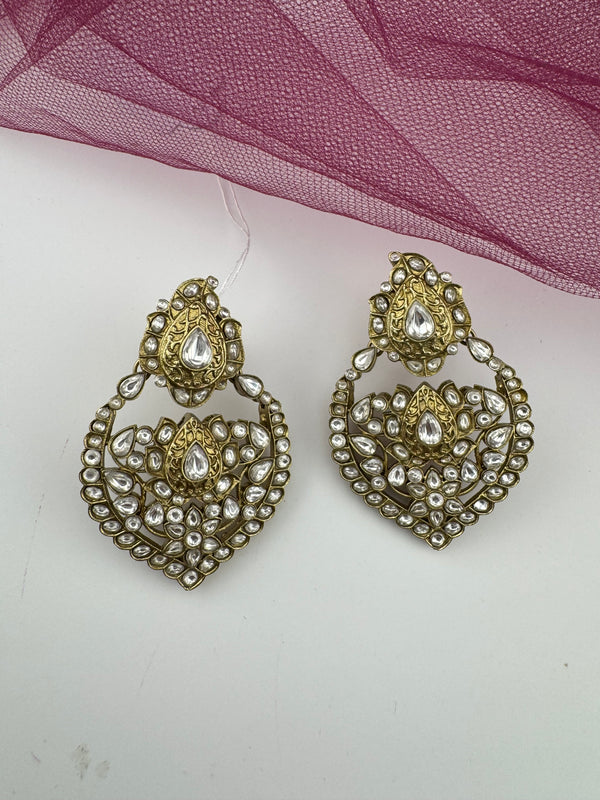 Amrapali inspired, Matt Gold with uncut kundan and CZ chandbali earrings