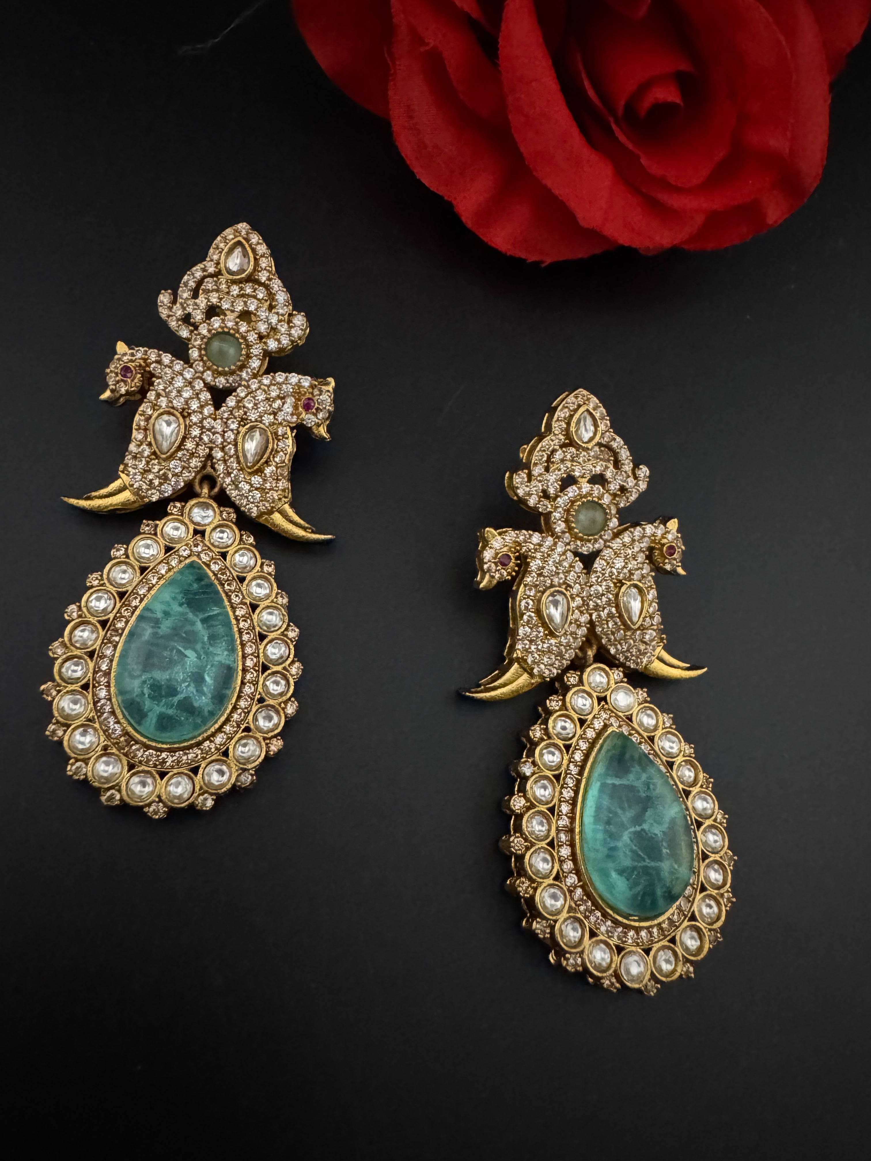 Blue Green and Gold, Doublet Stone Chandelier Long Earrings, Bridal, Moissanite, CZ, Designer jewelry