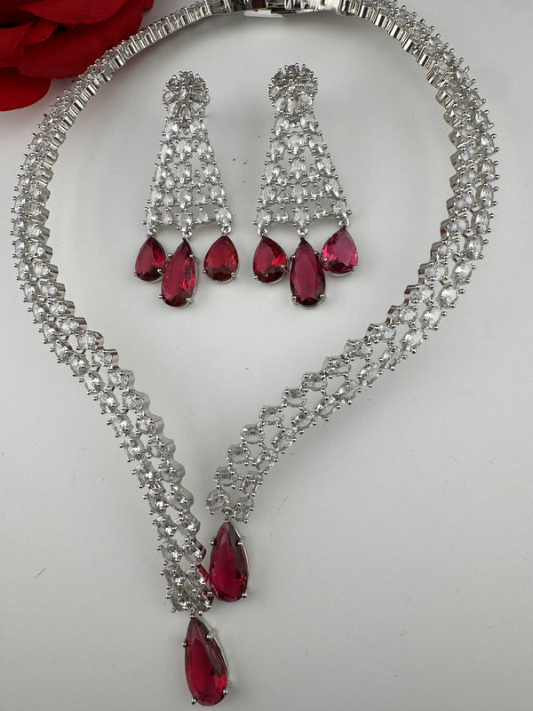 Crystals and CZ Diamond Statement front openable Hasli Necklace Set, Silver Plated Collar set
