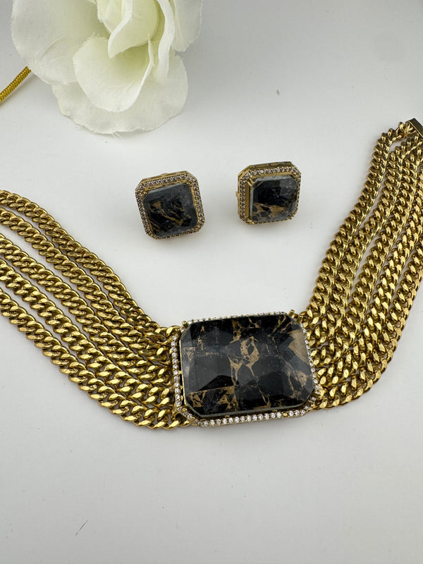 CZ, Mystic doublet stone, Antique gold tone Curb Link chain Choker necklace set with earrings