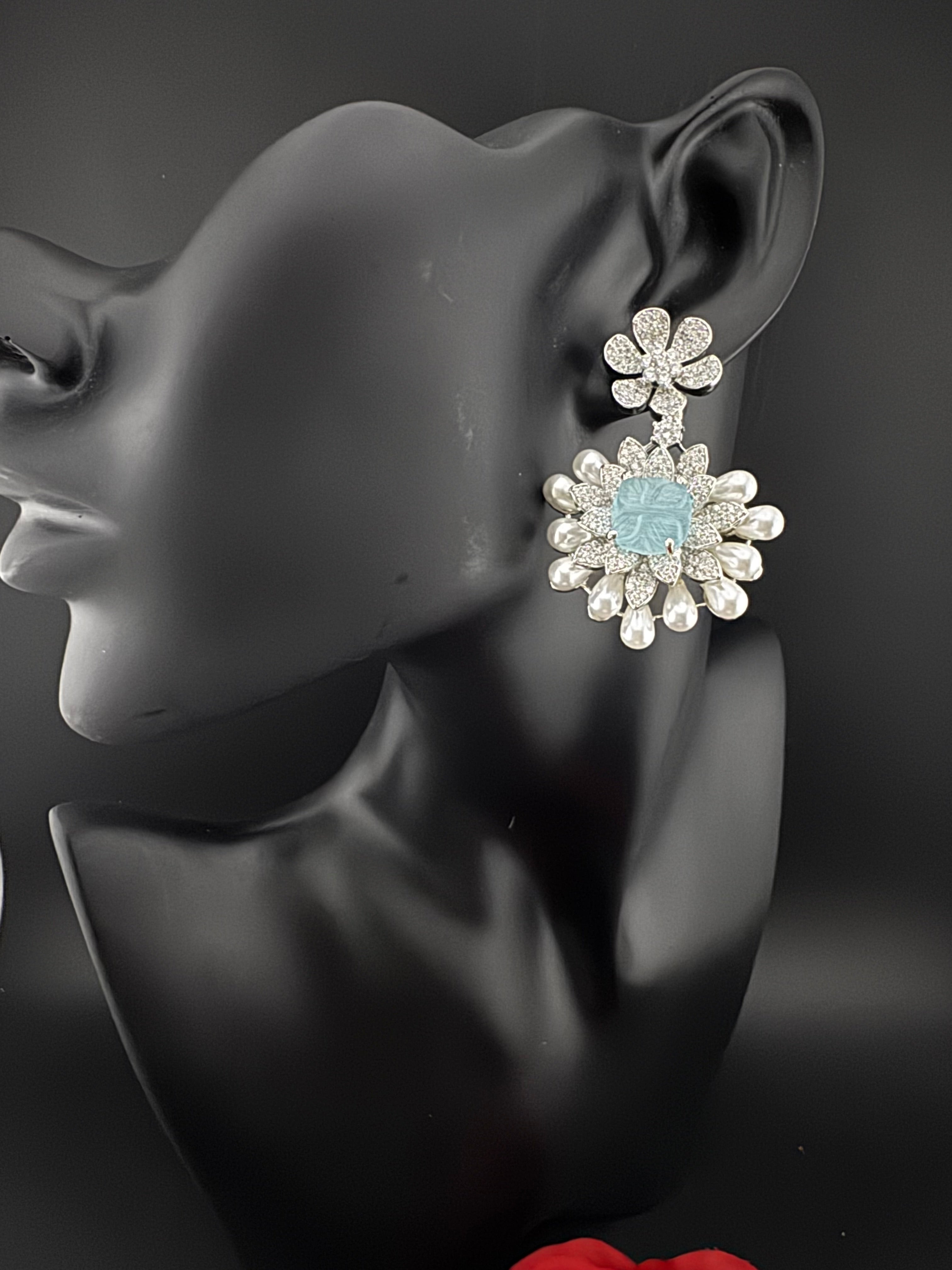 Premium Nano Setting Cubic Zirconia Carved Stone Pearls Drop earrings in unique 3D shape, stylish, Statement earring/Bridal Bridesmaid gift