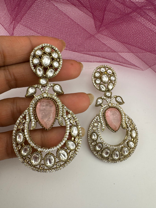 Gold with Doublet stone, kundan, cubic zirconia chandbali Drop Long earrings, Indian Jewelry