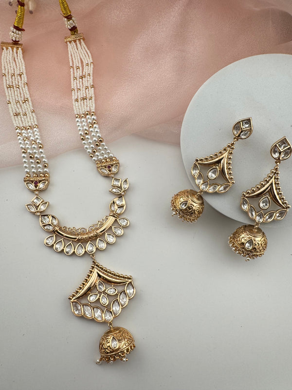 Kundan, Moissanite, Pearls Long Gold Choker necklace set, Indian Rani haar