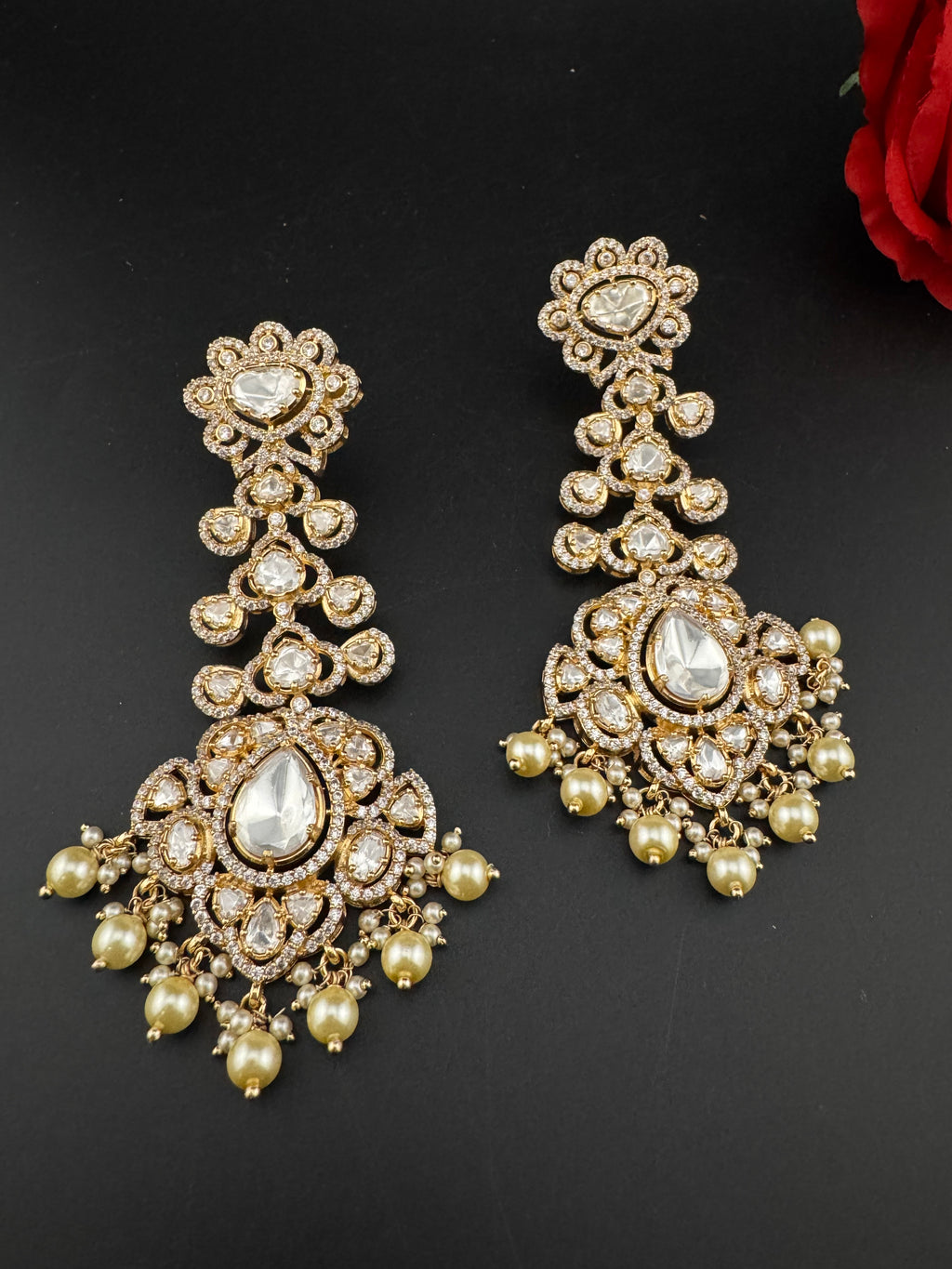 White and Gold Kundan, Pearls Chandelier Long Earrings, Bridal, Moissanite, CZ, Designer jewelry