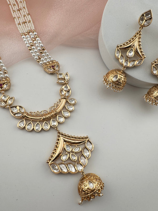 Kundan, Moissanite, Pearls Long Gold Choker necklace set, Indian Rani haar