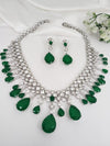 Green Doublet stone, Crystals and CZ Diamond all over Necklace Set, White Gold Plated
