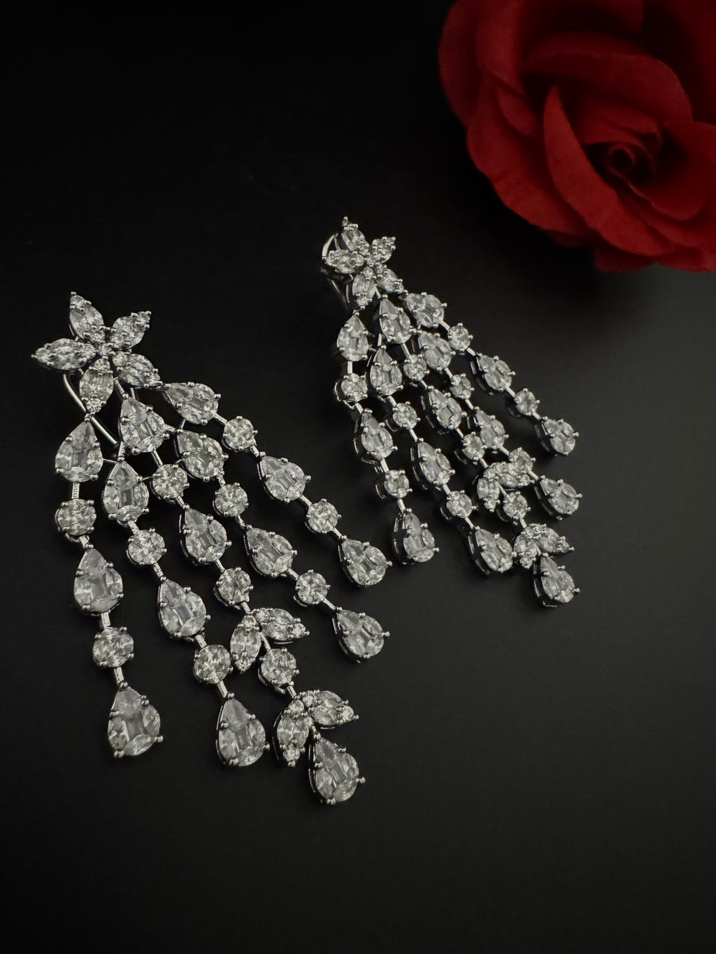 Premium Cubic Zirconia Chandelier earrings is designer Inspired, Statement Long earring, Bridal, Party, Wedding jewelry, Indian Chic Shiny