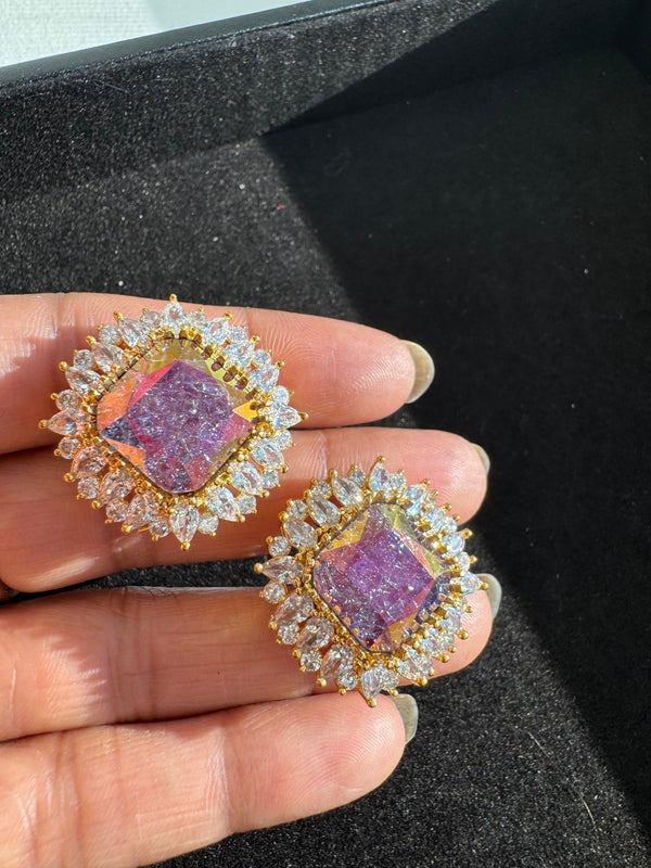 Gold Polish Crystal Stone Stud Earrings, Cubic Zirconia, AD, CZ, Indian Jewelry