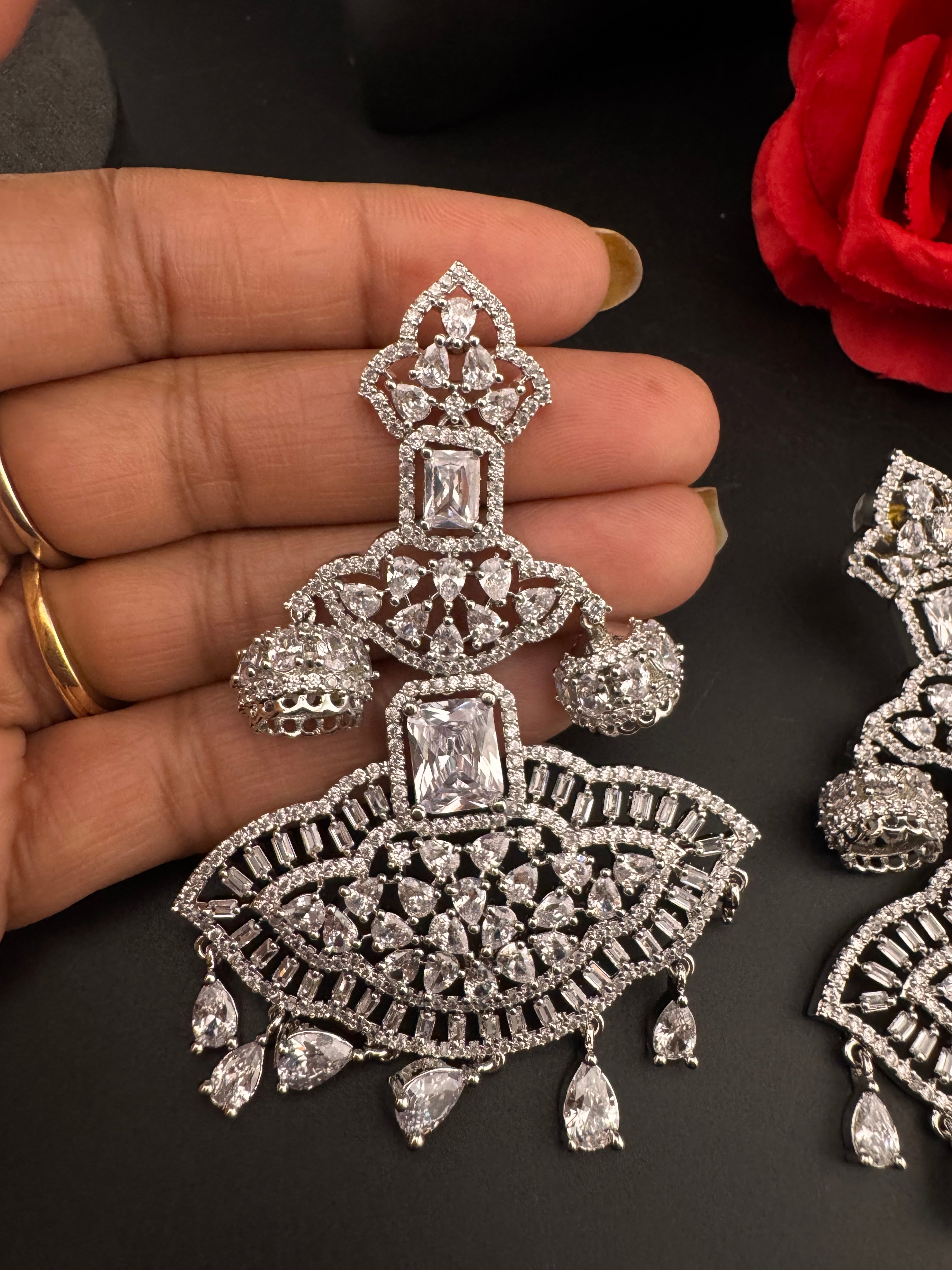 Premium Cubic Zirconia Chandelier Oversized earrings is designer Inspired, Statement Long earring, Bridal, Party, Wedding jewelry,