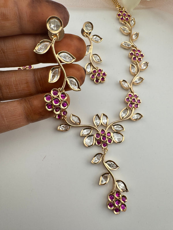 Kundan, Moissanite, stone Sleek Gold flower long necklace set, Indian Bridal Jewelry
