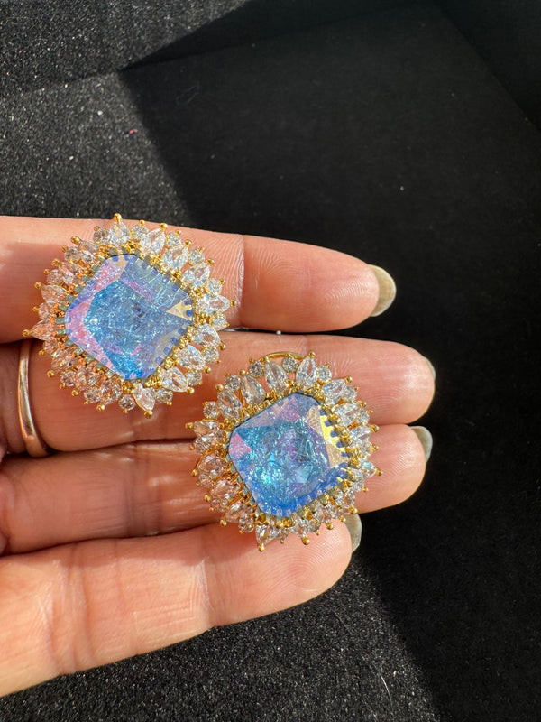 Gold Polish Crystal Stone Stud Earrings, Cubic Zirconia, AD, CZ, Indian Jewelry