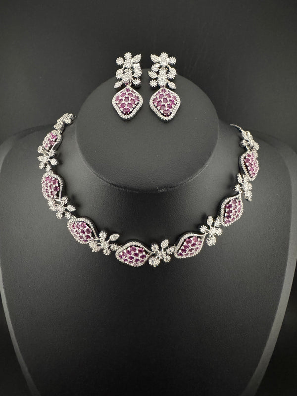 Nano Setting CZ Diamond Statement Ruby Necklace Set, White Gold Plated Choker, 3D nature inspired