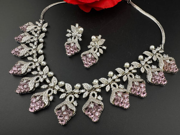 CZ Diamond Statement sleek Necklace Set, White Gold Plated Choker, 3D nature inspired