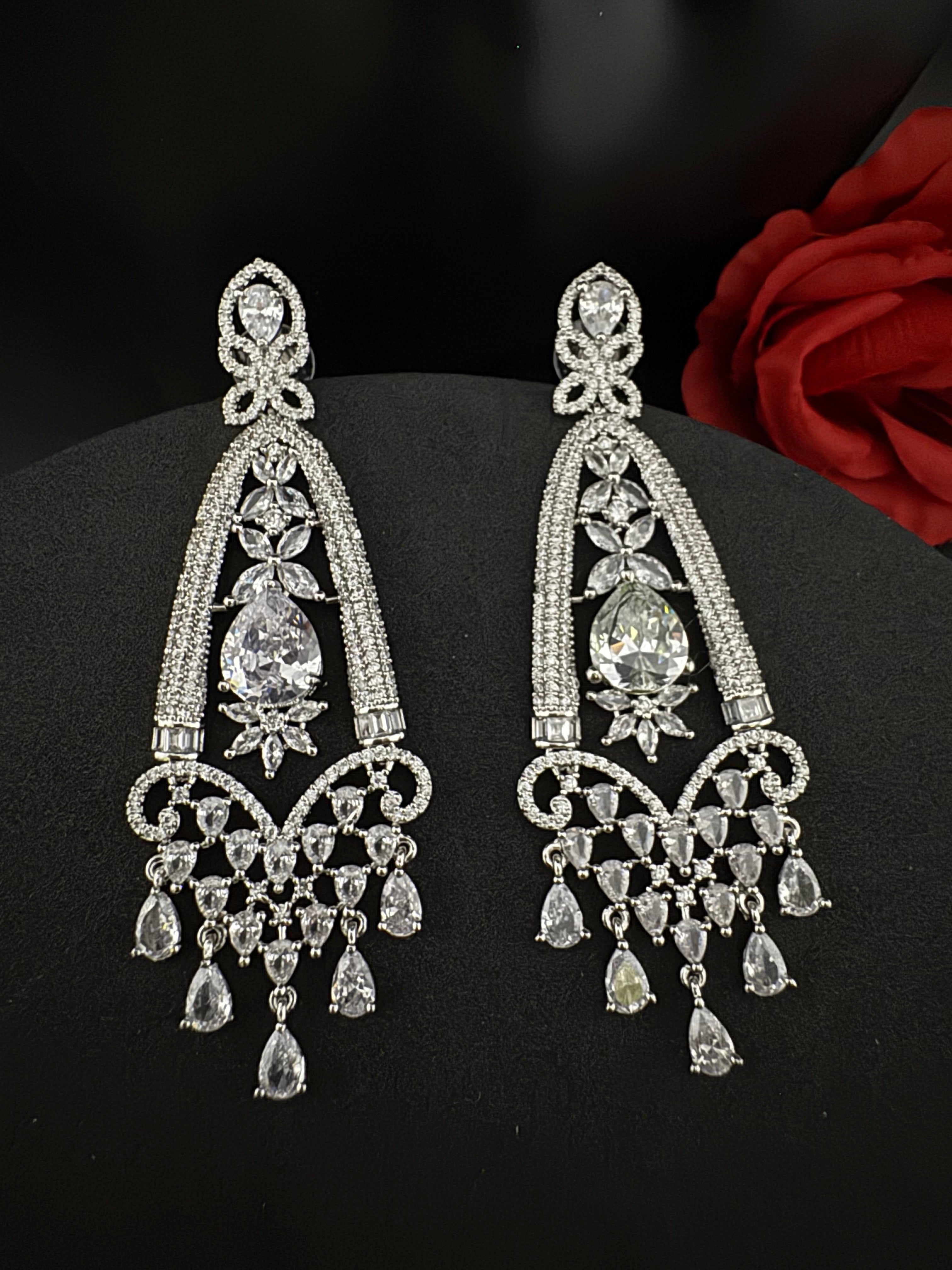 Premium Cubic Zirconia Crystals Chandelier earrings is designer Inspired, Statement Long sleek earring, Bridal, Party, Wedding jewelry, chic